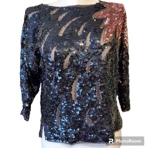 Vintage sequin black & pink top large